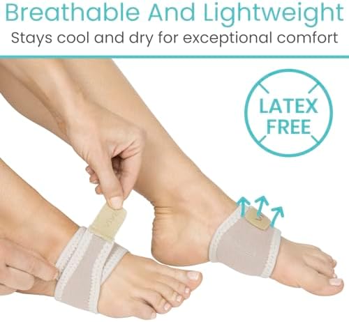 Vive Foot Arch Support Brace (Pair) - Wrap Corrector for Flat Feet, Plantar Fasciitis, Pain Relief - Compression Sleeve Strap, Gel Bands Inserts for Women & Men (Beige)