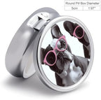 Portable Travel Pill Box French Bulldog Pink Glasses Printed Round Small Pill Case 3 Compartment Pill Container to Hold Vitamins Medication Fish Oil Supplements