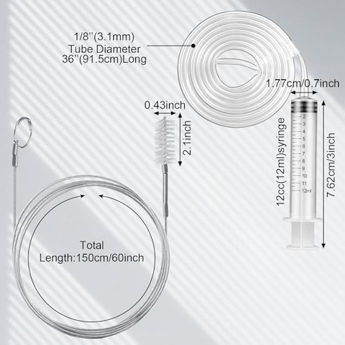 Gisafai 3 Pcs 36'' Refrigerator Cleaning Kit with 12 ml Syringe Compatible with Water Line for 1.5m Flexible Refrigerator Scrub Brush Flexible Feeding Tube Brush for Ice Maker Dispenser