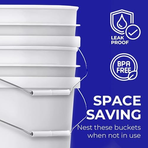 5-Gallon White Bucket Pail Container with Lid | Food Grade | Heavy-Duty 90MIL Extra Durable | Metal Handles with Plastic Grip for Easy Carrying | Multi-Use | Easy Stack and Store | BPA Free - 1 Pack