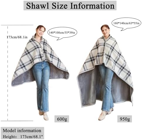 forestfish Fleece Wearable Blanket, Plaid Lap Blanket Comfy Poncho Throw with Buttons for Bed Sofa Office, Grey-White