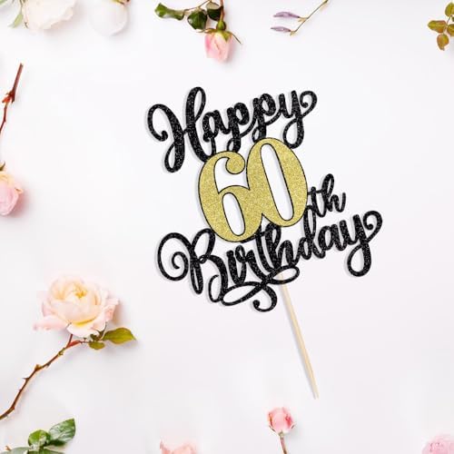 PALASASA Black Gold Happy 60th Birthday Cake Topper- Glitter Cheers to 60 Years Birthday Cake Pick 60 Fabulous Cake Decoration, 60th Birthday/Anniversary Party Cake Decoration