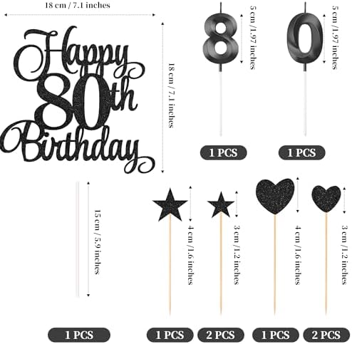 80th Birthday Cake Decorations, 80th Birthday Candles Cake Numeral Candles and Glitter Happy 80th Birthday Cake Toppers Set for Birthday Party Supplies (Black)
