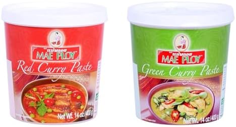 Mae Ploy Thai Curry Paste Bundle - Red and Green Authentic Thai Curry Paste for Traditional Curries and Dishes (14oz Tubs)