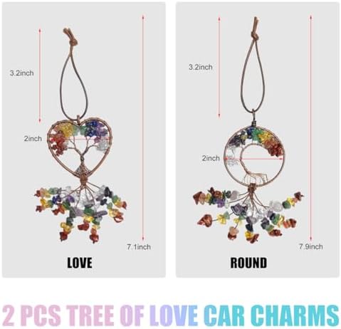 2PCS Tree of Life Car Mirror Hanging Accessories, 7 Chakra Stones Life Tree Rearview Mirror Hanger, Automotive Healing Crystal Decor Good Luck Charm Gifts for Women Men