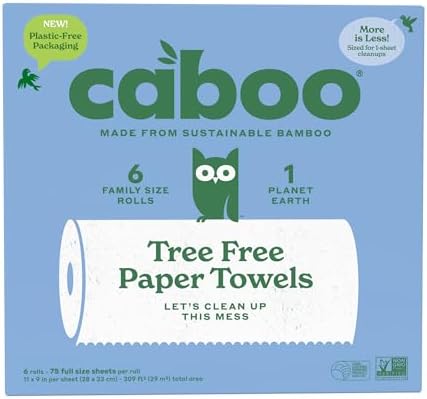 Caboo Tree Free Paper Towels, 6 Rolls, Plastic Free & Eco Friendly, Earth Friendly, Sustainable Kitchen Paper Towels with Strong 2 Ply Sheets
