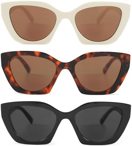 JiSoo Cat Eye Sunglasses with Bifocals Trendy Reading Sunglasses for Women, 3 Pack Designer Sunglass Readers for Women