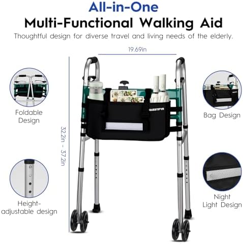 Folding Dual-Wheel Walker for Seniors with Motion Sensor Night Light & Storage Bag, Lightweight Adjustable Aluminum Walker for Elderly and Disabled, Compact Design for Small Spaces, Supports 400 lbs