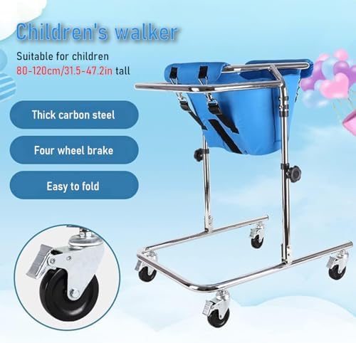 Folding Walking Frame for 31.5-47.2in Height Kids, Adjustable Child Walker with Seat and Wheels, Mobility Aid Rollator for Cerebral Palsy Rehabilitation Training (Blue)