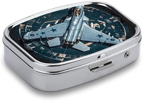 Air Force Fighter Jet Pill Box 2 Compartment Small Pill Case for Purse Or Pocket Mini Metal Pillcase Medicine Organizer, Square Daily Medicine Container to Hold Vitamins, Fish Oil