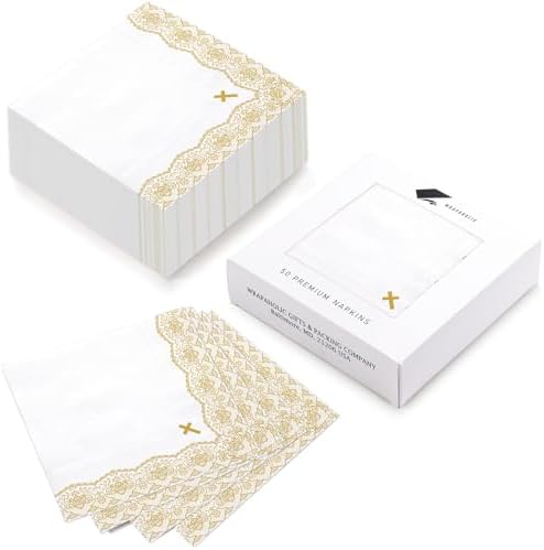 WRAPAHOLIC 50Pcs Religious Paper Napkins - 3-Ply Gold Cross Disposable Luncheon Napkins for Christening Party, Confirmation Church Party Baby Shower - 6.5 x 6.5 In
