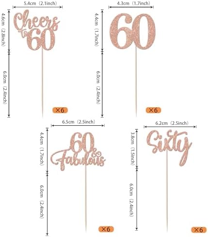 Rsstarxi 24 Pack 60th Birthday Cupcake Toppers Glitter 60 Fabulous Sixty Cupcake Picks Cheers to 60 Years Old Cake Decorations for 60th Wedding Anniversary Party Decorations Rose Gold