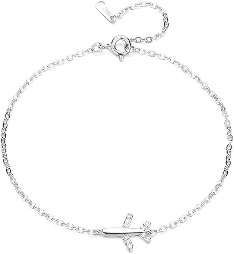 Kokoma Cubic Zirconia Airplane Bracelet for Women 925 Sterling Silver Fly Plane Delicate Bracelets Minimalist Adjustable Statement Stacking Chain Jewelry