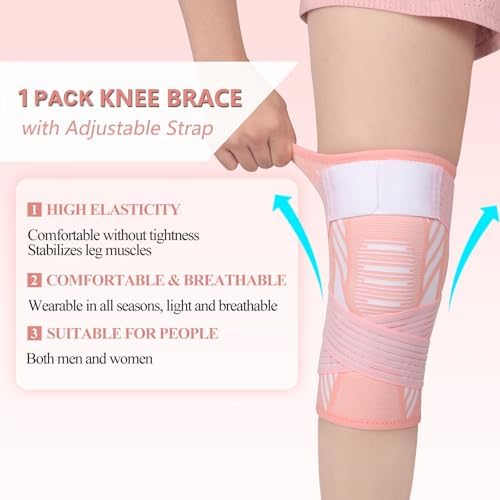 Knee Brace for Women & Men Knee Support Sleeve 1 Pack Knee Compression Sleeve with Strap for Knee Joint Pain Relief, Arthritis, Meniscus Tear, ACL, Workout, Sports, Running (Pink, Large)