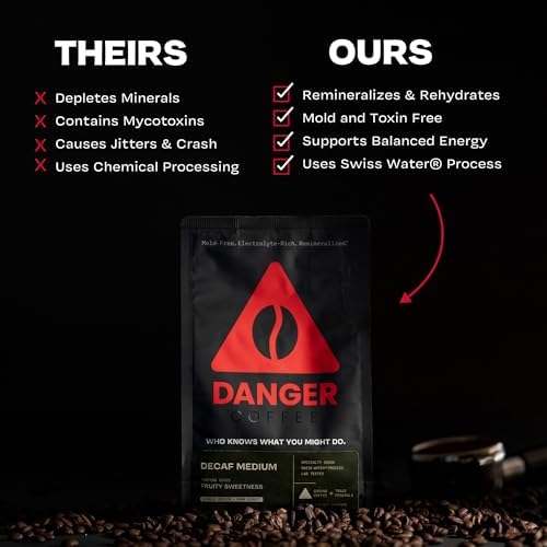 Danger Coffee by Dave Asprey, Remineralized, Mold Free & Lab Tested Swiss Water Decaf Ground Coffee, Medium Roast, Decaffeinated 10.9 Ounce