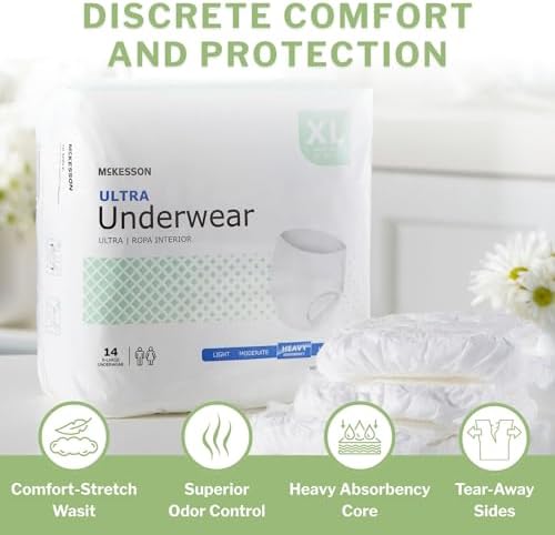 McKesson Ultra Adult Incontinence Underwear, [56 Count], Heavy Absorbency, XL, 58-68 in. Unisex Bladder Leak Protection, Pull-On Style with Tear-Away Sides, Postpartum and Incontinence Support