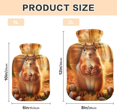 Autumn Cute Squirrel Hot Water Bottle with Soft Velvet Cover Hot Water Bag for Neck, Shoulder and Menstrual Cramps, 1L