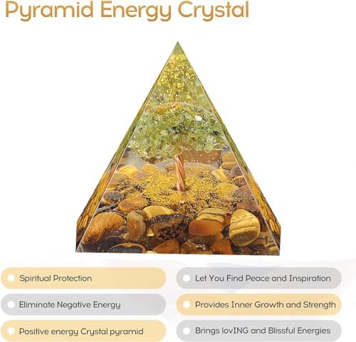 Tree of Life Orgone Pyramid for Positive Energy, Orgonite Peridot&Tiger Eye Healing Crystal Pyramids for Reduce Stress Chakra Reiki Healing Meditation Attracts Lucky and Success
