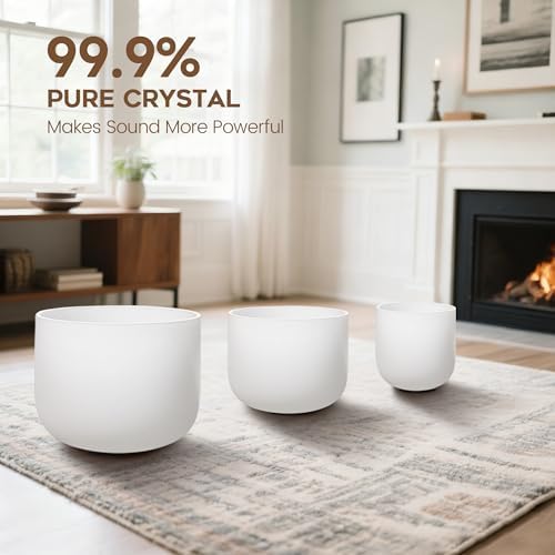 CVNC Set of 3 PCS 440HZ 6" A Note 8" F Note and 10" C Note Frosted Chakra Quartz Crystal Singing Bowl with Carry Case Bag for Sound Healing Meditation