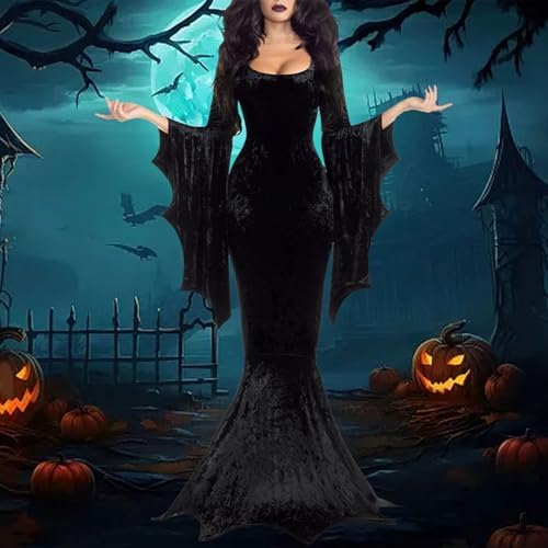 Halloween Costumes Women Witches Dress Bat Wing Sleeve Gothic Dress Party Cosplay Vintage Black Sexy Wrap Maxi Dress