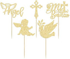 Gyufise 30Pcs Mi Bautizo Cupcake Toppers Gold Glitter Cross Angel Dove Cupcake Toppers Angel Religious God Bless Cupcake Picks for Baptism Theme Baby Shower Kids Birthday Party Supplies