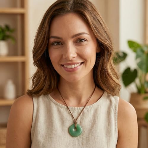 Green Jade Necklace, Natural Gemstone Lucky Coin Pendant Necklace for Women Men, Charm Donut Crystal Amulet Necklace