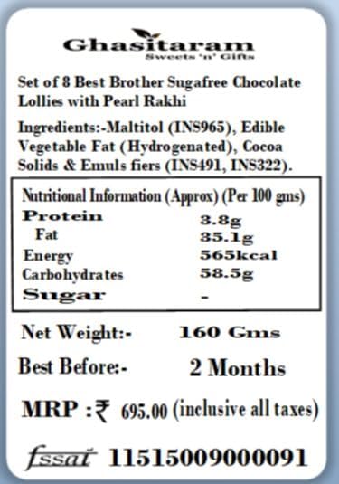 Ghasitaram Gifts Rakhi Gifts for Brothers Rakhi Sugafree Chocolates-Set of 8 Best Brother Sugafree Chocolate Lollies with Pearl Rakhi