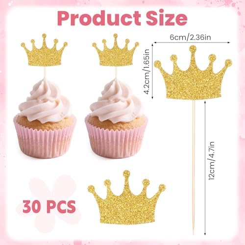 30Pcs Crown Cupcake Toppers, Gold Glittery Princess Cake Picks Confetti Queen Cake Toppers for Baby Shower, Birthday Party, Wedding Food Decorations