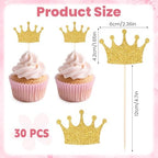 30Pcs Crown Cupcake Toppers, Gold Glittery Princess Cake Picks Confetti Queen Cake Toppers for Baby Shower, Birthday Party, Wedding Food Decorations