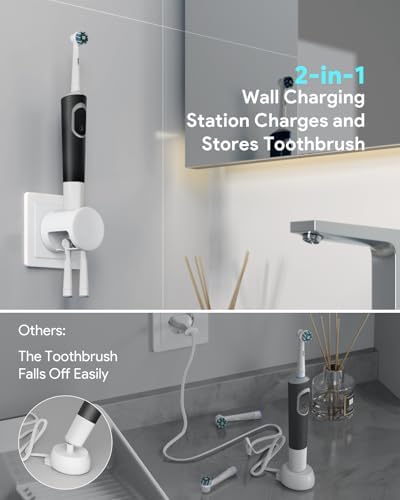 2-in-1 Wireless Wall Station Compatible with Oral-B Braun Electric Toothbrush, 3-Port US Plug with 2 Holders Fast Wall Charger for IO2/3/4/5/6, Pro 1/3/1000/2000, D100/Genius/Smart, IPX6, White