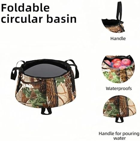 Portable Foldable Sink Bucket for Camping/Basin, Travel - Thickened Leakproof Nylon, Reinforced Handle, Multi-Use (Car, Fishing, Dishes, Wash) Camouflage