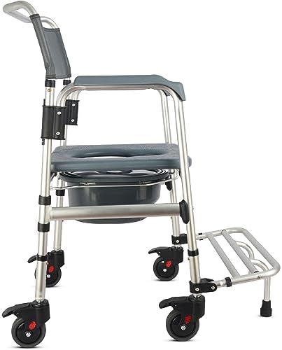 HygiCare 3-in-1 Aluminum Bedside Commode Toilet Shower Chair with Swivel Wheels 6.3 qt Bucket 4 Brake Casters Tool-Free Assembly Support Up to 300 lbs Height Adjustable Lightweight