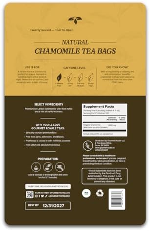 Gourmet Royale Chamomile Tea, 100 Count, Sustainable Tea Bags, Caffeine & Sugar Free, Premium Chamomile from Sri Lanka, Resealable Bag, Pure & Natural, (Pack of 1)