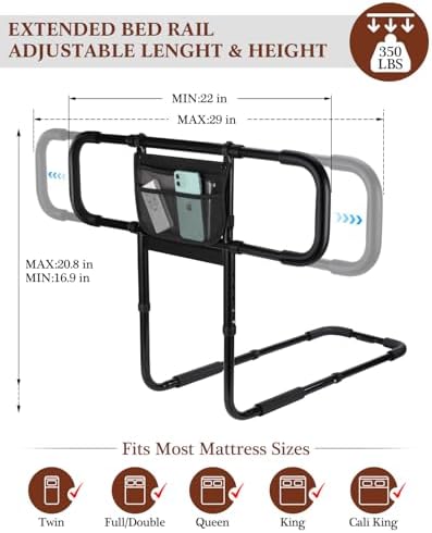 Siebenschläfer Bed Rails for Elderly Adults Safety, Extended Bed Assist Rail for Seniors - Adjustable Side Bed Guard Rails Handle Support Bar with Storage Bag, Fit King Queen Full Twin Beds