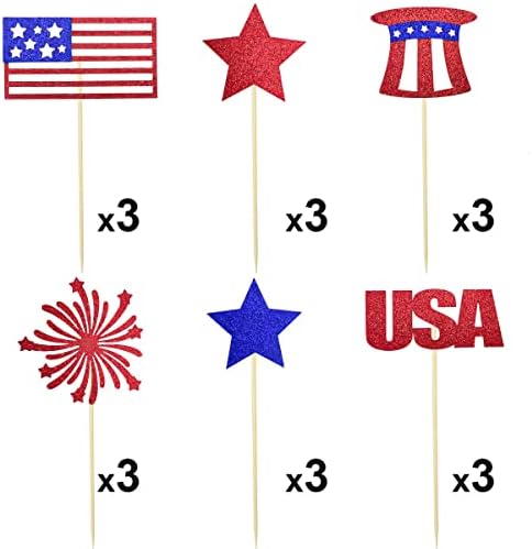 4th of July Cupcake Toppers Independence Day Decorations Patriotic Cupcake Picks for Party Supplies National Memorial Day American Flag Design Bake Favors Cheerleader Photo Props for Adults 18PCS