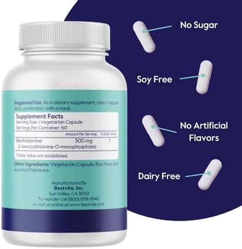 Benfotiamine 300mg (60 Vegetarian Capsules) No Stearates - No Silicon Dioxide - Vegan - Non GMO - Gluten Free