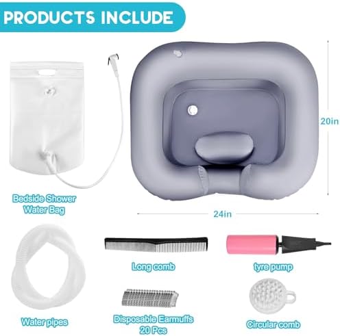 Inflatable Shampoo Basin, Loc Detox Tub for Dreads, Shampoo Buddy Bowl for Bedridden, Disabled,Injured with 2.5 GL Portable Water Shower Bag（Silvery）