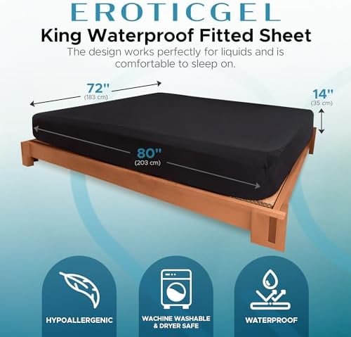 King Waterproof Fitted Sheet, 14'' Deep Pocket, 100% Black Mattress Protector, Safe with Oil, Water-Based, & Silicone-Based Massage Products, Machine Washable, Noiseless, Hypoallergenic