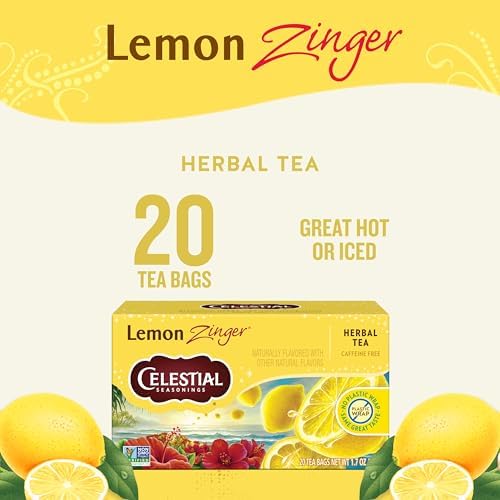 Celestial Seasonings Lemon Zinger Herbal Tea, Caffeine Free, 20 Tea Bags Box, 6-Pack