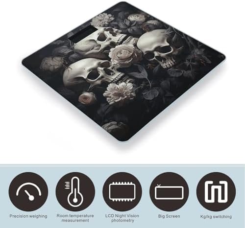 Digital Bathroom Scale for Body Weight Scale with Bright LCD Display, High Accuracy, Step-On Technology, Auto On/Off, Black and White Flowers and Skull Digital Scales, 400 Lbs /180kg