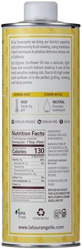 La Tourangelle, Organic High Oleic Sunflower Oil, Neutral Oil For Medium to High Heat Cooking and Skin Care, Non GMO, Pesticide and Chemical Free, 33.8 Fl Oz