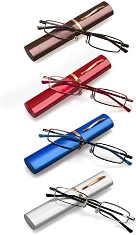 MMOWW 4 Pack Slim Pen Reading Glasses Pen Holder Men and Women Computer Readers,Portable Small Eyeglasses with Spring Hingle +1.5