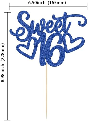 Gyufise 1Pc Sweet Teenager 16 Cake Topper Glitter 16th Birthday Cake Pick for Cheers to 16 Years Old 16th Birthday Party Cake Decorations Supplies Blue