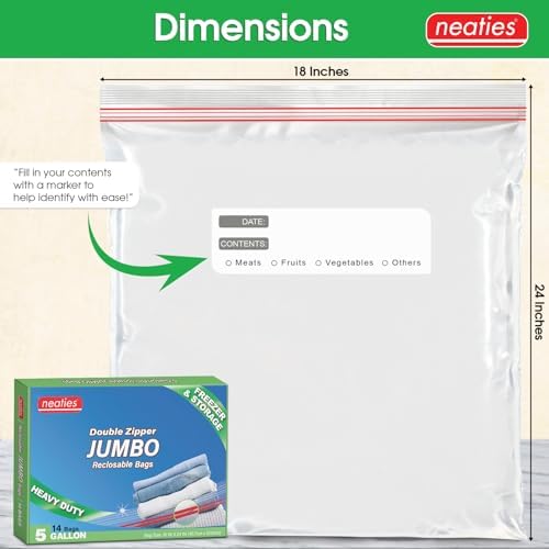 5 Gallon Resealable Bags – Heavy Duty Jumbo Freezer Bags with Dual Zipper – 18x24" Extra Large with Writable Space for Kitchen or Home Storage – BPA-Free Food Grade Plastic – 14 Pack