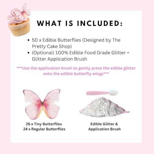 50 Pink (2 Sizes) Edible Butterflies with Edible Glitter Kit - Wafer Paper Butterflies - Butterfly Cupcake Toppers - Butterfly Cake Toppers - With Edible Glitter (50 Butterflies Pink (2 Sizes), Pink)