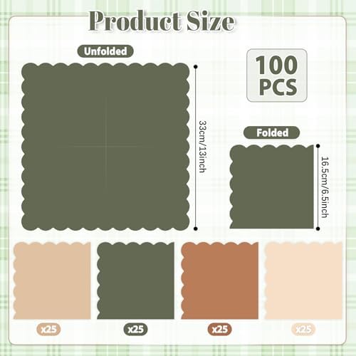 100Pcs Woodland Napkins Baby Shower Decorations Sage Green and Brown Forest Animal Wild Creatures Scalloped Napkin Disposable for Safari Wedding Birthday Baby Shower Neutral Supplies