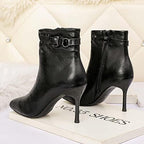 JOEupin Women's Pointed Toe Stiletto High Heels Ankle Booties Side zipper Short Boots With Metal Buckle K04