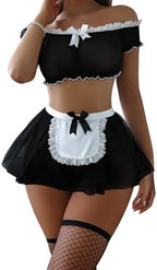 Foxiny Sexy Stockings Mini Skirt Mesh Sheer Lace Halloween Costume Maid Outfit Lingerie with Thong Set 4 Piece