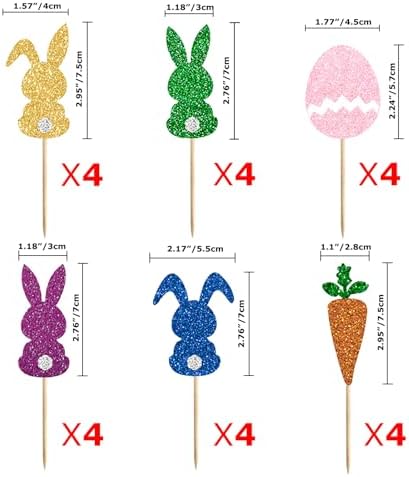 24PCS Glitter Easter Cake Topper Bunny Cupcake Toppers Carrot Rabbit Easter Egg Cup Cakes Picks for Happy Theme Spring Theme Birthday Party Cake Decorations Supplies