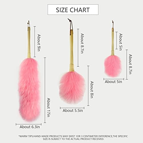 Lambswool Duster 14'' Length Solid Wooden Handle Leather Hang Strap for Cleaning Ceiling Fans Window Blinds Computer Furniture Figurines TV Natural Feather Duster,Pink